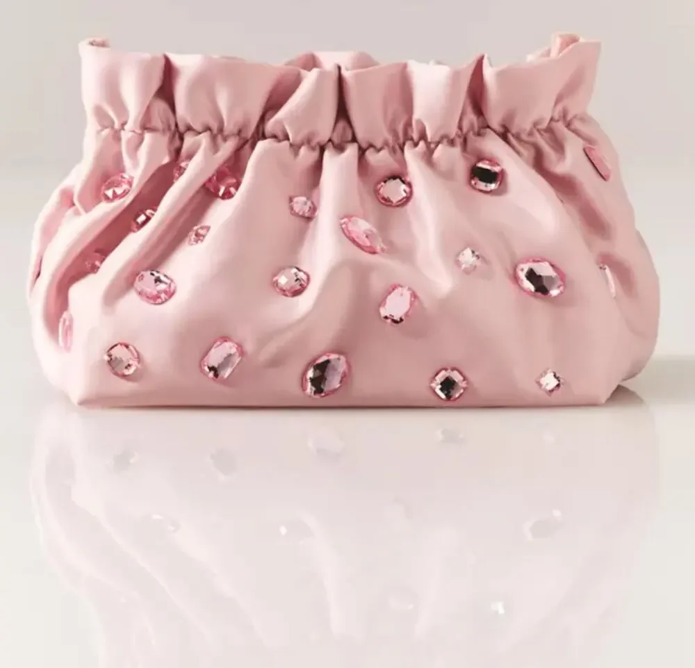 Anthropologie Pink Embellished Cosmetic Bag Rhinestone Satin NWT